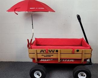 Vintage Radio Flyer All-Terrain Wagon with 10' tires, Radio Flyer umbrella and Radio Flyer padding.