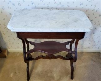 Antique marble top table with drawer and shelf