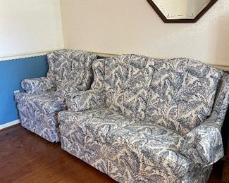 Paisley blue and white loveseat and chair