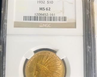 1932 Graded MS62 Indian Head $10 Gold Piece 