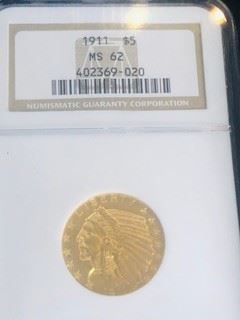 Graded MS 62  1911 $5 Indian Head  Gold Coin  