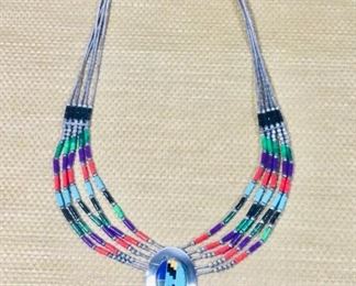 Signed Designer Edith James Sterling Silver Navaho inlaid Turquoise , Semi precious stone and onyx   inlaid Necklace 