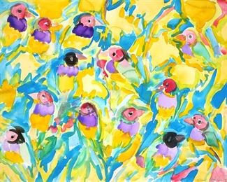 Lot 1 | HUNT SLONEM (AMERICAN, B. 1951) | Untitled (Birds), Watercolor & pencil on paper; Pencil signed and dated '87 lower right, unframed; h. 22-1/2 w. 30 in.