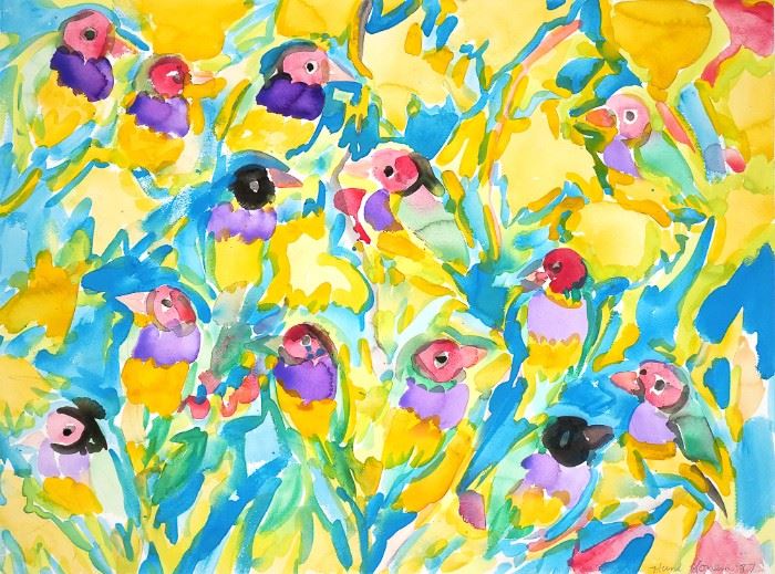 Lot 1 | HUNT SLONEM (AMERICAN, B. 1951) | Untitled (Birds), Watercolor & pencil on paper; Pencil signed and dated '87 lower right, unframed; h. 22-1/2 w. 30 in.