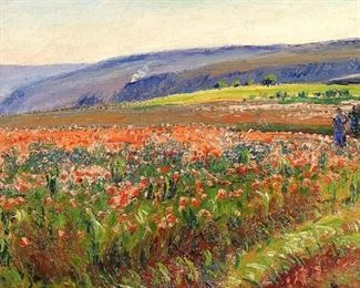 Lot 4 | RENE SEYSSAUD (FRENCH, 1867-1952) | The Poppy Field, 1933, Oil on canvas; Signed lower right, in a gilt carved frame, inscribed and dated 1933 and with "Bruno Martin-Caille... Paris" and "Jean-Pierre Silvestre" stamps to stretcher; h. 15 w. 24 in.; overall: 23 x 32 in. (frame)