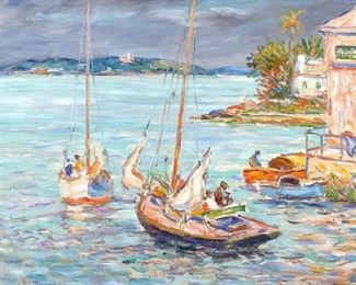 Lot 6 | REYNOLDS BEAL (AMERICAN, 1866-1951) | Native Boats, Bermuda, Oil on canvas; Signed lower right, Reynolds Beal, and titled and dated 1940 on verso with Reynolds Beal Estate Stamp (no. 170); h. 20 w. 24 in.; overall: 28-1/2 x 32-1/2 in. (frame)