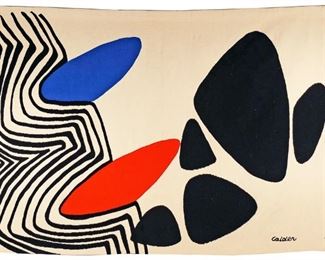 Lot 25 | ALEXANDER CALDER (1898-1976), TAPESTRY | Blue & Red Nails, Titled on a Tapisserie D'Aubusson label on verso, "Tissee par Les Ateliers Pinton"; embroidered under label, "EX- A"; h. 62 w. 91 in.