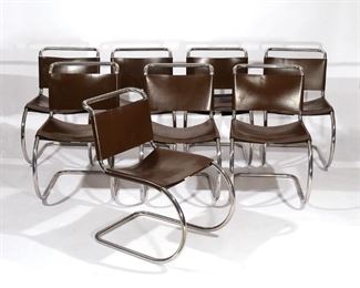 Lot 42 | (8PC) SET MIES VAN DER ROHE FOR KNOLL CHAIRS | Laced back cantilever chairs, having saddle stitched brown leather seats and backrests with rawhide lacing on a polished chrome base; some with Knoll International, New York label on bottom; h. 31 w. 19 d. 28 in.