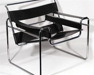 Lot 46 | MARCEL BREUER FOR KNOLL "WASSILY" CHAIR | Black leather with black stitching on a tubular chrome frame; h. 29 w. 31 d. 28 in.