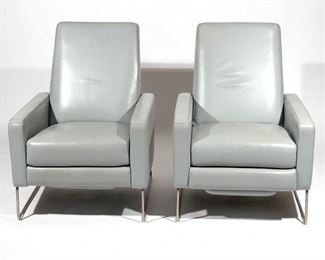 Lot 48 | PAIR BERNETT / DODZIUK FLIGHT RECLINERS | Made in USA for Design Within Reach, dove gray leather, tubular chrome frame; h. 37 w. 28 d. 33 in.