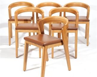 Lot 49 | (6PC) ALAIN BERTAU "PLAY" CHAIRS | White oak frames, brown leather seats with white stitching; h. 29 w. 19 d. 21 in.