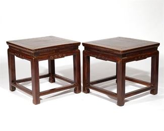 Lot 62 | PAIR CHINESE LOW TABLES | Having mortise and tenon joinery, carved aprons with cloud motif; h. 19 w. 20 d. 19-3/4 in. (each)