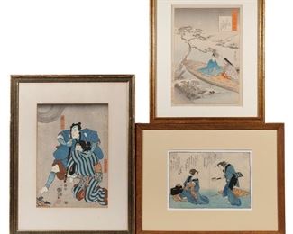 Lot 67 | (3PC) JAPANESE WOODBLOCK PRINTS | Including the right panel of Kuniyoshi Utagawa's "Oyone Magoshichi Taheiji," (14 x 9-1/2 in., sight), plus two other prints; overall: 21-1/2 x 17-1/2 in. (frame)