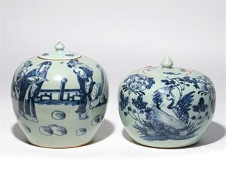 Lot 85 | (2PC) CHINESE BLUE & WHITE PORCELAIN GINGER JARS | 19th century, both with covers, one decorated with a phoenix, the other with a sage and boys dancing in landscape; h. 8 in. (tallest)