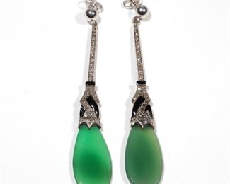 Lot 105 | PAIR JADE, DIAMOND & 14K WHITE GOLD DROP EARRINGS | Together 9.1g; h. 2-3/4 in.