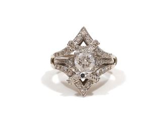 Lot 106 | DIAMOND & 14K WHITE GOLD ENGAGEMENT SUITE | Having a central approx. 1.0ct diamond [with fracture through girdle and pavilion] in a conforming nesting band; size 8.5, 9.2g