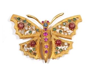 Lot 113 | GEMSTONE, DIAMOND, & 14K PIN EN TREMBLANT | Designed as a butterfly-form brooch with articulating wings set with pink sapphire cabochons, peridot, pink and blue sapphire, and melee diamonds; 13.8g; h. 1-1/2 w. 2-1/4 in.