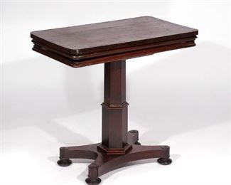 Lot 143 | 19TH C. METAMORPHIC SERVING TABLE OF SMALL SIZE | Pedestal table with internal mechanism (rise & fall) that extends into a three-tiered etagere; h. 28-1/2 w. 30-1/2 d. 17-1/2 in.; overall: h. 40 in. (extended)