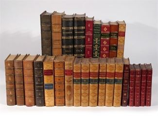 Lot 170 | (27VOL) MISC. FINE BINDINGS: CLASSICS | All late 19th / early 20th century editions of various classics, including: (6vol) bound in full leather (Poetical Works of Lowell, Whittier, Tennyson, and Longfellow, all bound uniformly with floral designs to interior boards, as well as a full leather edition of Milton's Poems, illustrated, in calfskin with gilt highlights; and one volume in Pilgrim's Progress in full leather); the remainder in three-quarters or half-leather, including (6vol) set of The Stratford Shakspere [Shakespeare];(2vol) Don Quixote illustrated by Tony Johannot, London 1842; the Vicker of Wakefield illustrated by Sullivan; Magna Charta, printed by J. Johnson, Holborn, n.d. (19th century); plus The Three Musketeers, Meredith's Poetical Works, Elizabeth Barrett Browning's Poems, Pride and Prejudice, Emerson Poems, Pamela by Samuel Richardson, and (4vol) The Aldine Poets; some volumes royal octavo
h. 10-1/4 w. 7-1/4 in. (largest)