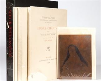 Lot 187 | EDGAR CHAHINE: SOEUR PHILOMENE & COPPER PLATE | EDGAR CHAHINE (French, 1874-1947): a collection of engravings (etchings and dry points) in three states for Soeur Phiolemene, pub. 1934, Rouen, Societe Normande des Amis du Livre, with a total of 24 engravings on thick woven paper (each sheet 10-3/8 x 7-7/8 in.) PLUS 12 pencil signed engravings of the same images on ARCHES paper (6 with watermark, 6 without; each plate approx. 6-3/8 x 4-3/4 in.), each signed lower left, and accompanied by the original copper plate for the portrait engraving of Soeur Pilomene [Sister Philomene], signed and dated 1934 in the plate (6-5/8 x 4-7/8 in.); with the unbound "a-propros" by Rene Helot and fully bound "Soeur Philomene" by Edmond de Goncourt, exemplaire 2 of 25, pub. Rouen, Societe Normande des Amis du Livre, the edition reserved for members of the Society and this copy specifically reserved for Georges Majoux, then Vice-President of the Society, the copy pencil signed by him; all within a 