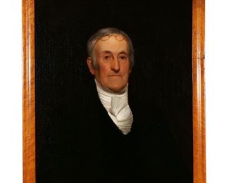 Lot 205 | PORTRAIT OF FOUNDING FATHER WILLIAM WILLIAMS | Portrait of William Williams | Oil on canvas; American school, mid-19th century, apparently a posthumous portrait of William Williams (1731-1811), signatory of the Declaration of Independence on behalf of the state of Connecticut, as a man towards the end of his life, in a burl wood frame, with conservator's notes describing the painting's 1996 restoration and some elements that were apparent beforehand, as well as a transparency recreating the initials 'PBF' that were faintly inscribed on original stretcher, and three slides showing the painting before treatment, one illustrating the stamp of canvas maker Edward Dechaux (active New York, ca. 1836-60) that was originally on the back of the canvas
h. 39 w. 23-1/2 in.
overall: 32 x 27 in. (frame) William Williams (1731-1811) was a signatory of the Declaration of Independence