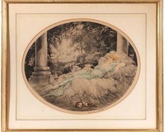 Lot 190 | LOUIS ICART (FRENCH, 1888-1950), ETCHING | Sleeping Beauty
Colored drypoint etching
Pencil signed lower margin with blind stamp lower left, captioned upper right, "Copyright 1927 by L. Icart - Paris"; matted and framed; h. 15-1/2 w. 19-1/4 in. (sight); overall: 22-1/2 x 26-1/2 in. (frame)