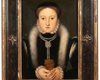 Lot 209 | ANGLO-DUTCH SCHOOL (17TH CENTURY) | Portrait of Mary, Queen of Scots | Oil on panel; No apparent signature, in a later carved and painted frame; h. 12-1/2 w. 9 in.; overall: 18-1/2 x 14-3/4 in. (frame)