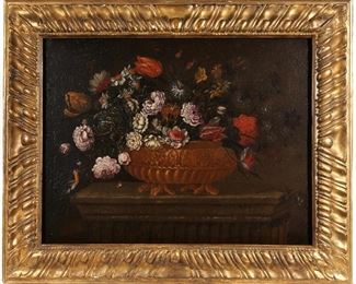 Lot 213 | ITALIAN TABLETOP FLORAL STILL-LIFE (18TH CENTURY) | Flowers in a jardiniere | Oil on canvas; Floral still life with a bird perched on the table, in a gilt carved frame; h. 24-1/4 w. 31-1/2 in.; overall: 32-1/2 x 40 in. (frame)