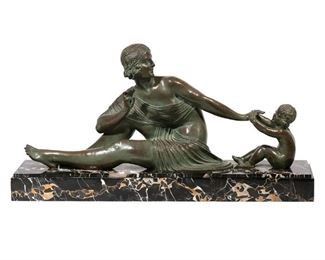 Lot 234 | ART DECO BRONZE FIGURAL GROUP | Mother and child
Bronze
Showing a mother and child seated at play, on a stepped rectangular marble base, inscribed "Chiaprus / Editions Reveyrol, Paris"
h. 15 w. 29-1/8 in.