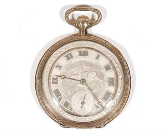 Lot 293 | 14K GOLD GRUEN POCKET WATCH | 14k gold Gruen pocket watch with highly decorated face in white gold and highly engraved decorated case in yellow gold, with monogrammed initials on the back, "CD", in original box; 63.3g dia. 2-1/2 in.