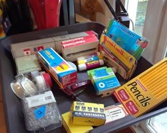 Pencils, crayons, tape, paper clips, and many other office supplies
