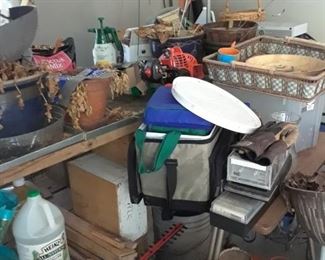 Hedge trimmer, yard products, household cleaning items, baskets, gardening items