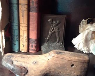 Wood shoe form; vintage metal bookends