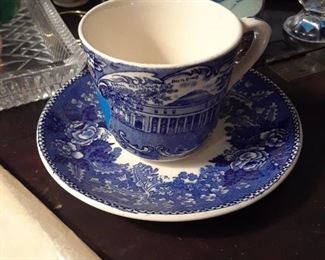 Blue and white transferware cup and saucer