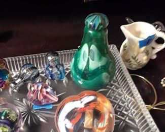 Paperweights; cobalt swirl, blown glass salt and pepper shakers, vintage glass tray, malachite perfume