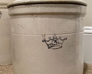 Item 57:  Antique 3 gallon crock with lid - 11" x 10.5": $125