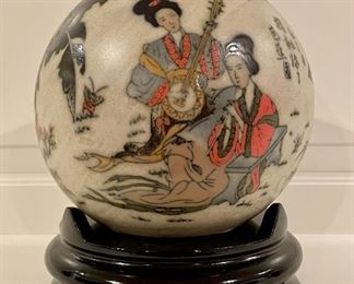 Item 76:  20th Century Japanese Satsuma Ceramic Geisha Sphere Sculpture and Stand - 8":  $225