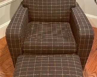 Item 14:  Upholstered armchair & ottoman:  $425                                               Armchair - 31.5"l x 22"w x 36"h                                                          Ottoman - 21.5"l x 16.5"w x 15"h
