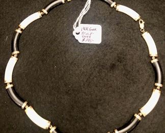 Item 192:  14K Gold, Onyx & Mother of Pearl Necklace:  $145