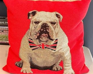 Item 276:  Decorative pillow with bulldog wearing British Flag bowtie:  $14