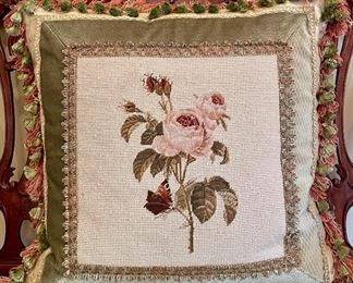 Item 279:  Needlepoint pillow with roses and fringe:  $45