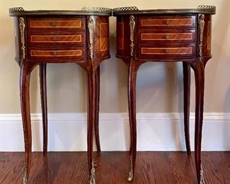 Item 19:  (2) Three Drawer Side Tables with Reticulated  Brass Gallery - 16.75"l x 12.5"w x 28"h: $225 for pair