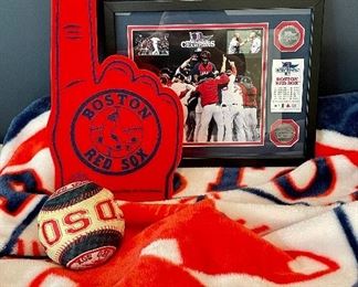 Item 284:  Lot of Red Sox items including foam finger and framed photo, fleece: $28