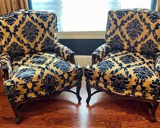 Item 23:  (2) Upholstered armchairs (embossed navy design against tan background) - 28.5"l x 21"w x 36"h:  $845 for pair