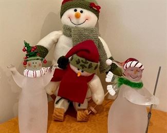 Item 353:  (2) Frosted glass snowmen (front) and one Felted Snowman:  $24                     