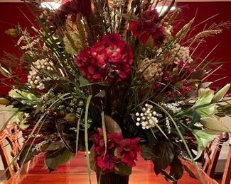 Item 416:  Faux Floral Arrangement in Urn with Red Flowers - 40":  $145