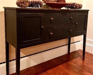 Item 426:  Black console table with drawers and side cupboards - 54"l x 17"w x 38"h:  $345
