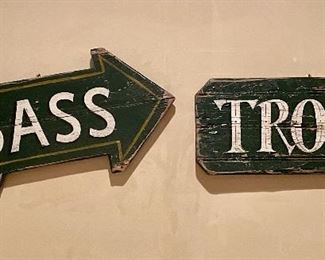 Item 450:  Rustic, hand painted fishing signs on salvaged wood:                                                                                                       Trout - 19.75" x 8.25": $24                                                                                              Bass - 23" x 11": $24