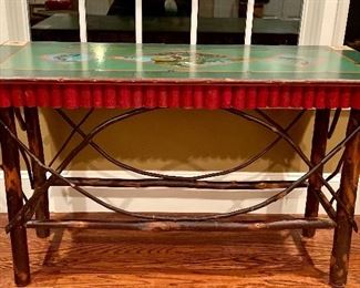 Item 432:  Folk Art Bent Twig Console Table with Hand Painted Fishing Scene - 48"l x 19"w x 29"h: $450