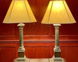 Item 445:  Excellent Pair of Visual Comfort & Co. Very Heavy Bronze Type Metal Buffet Lamps with Patina - 34": $265 for pair